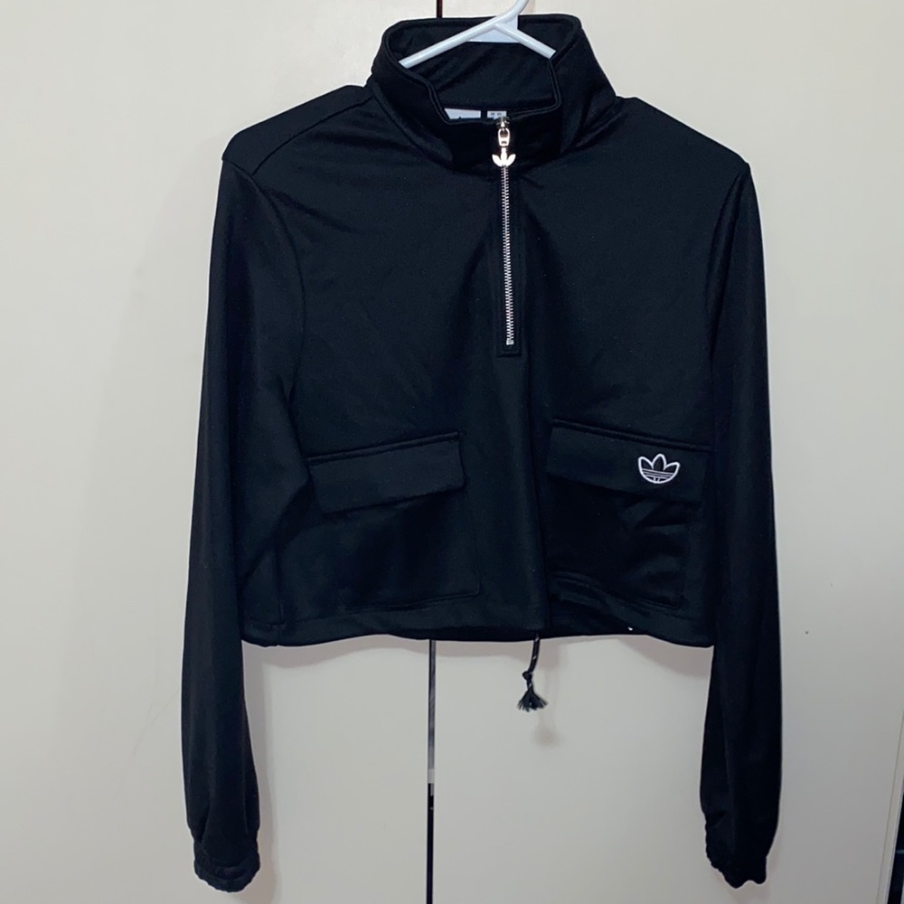 Adidas Black Cropped Track Jacket with Half-Zip - Picture 1 of 7